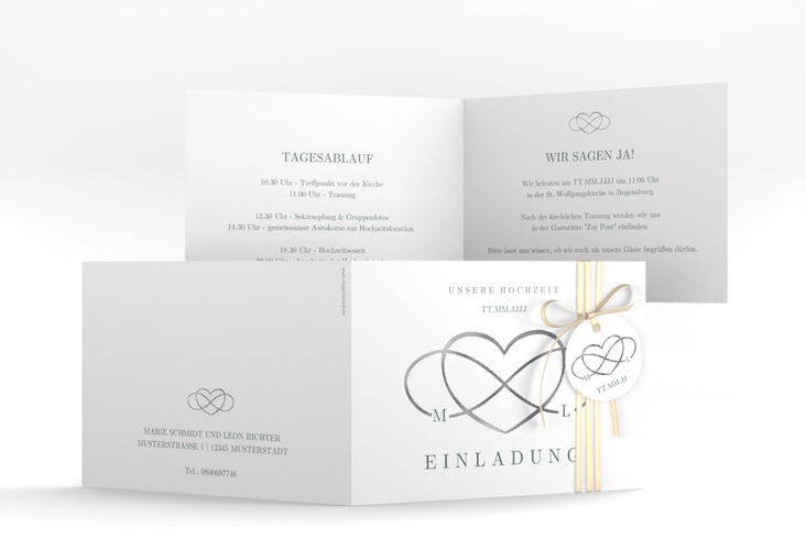 Hochzeitseinladung Infinity A6 Klappkarte quer gruen silber