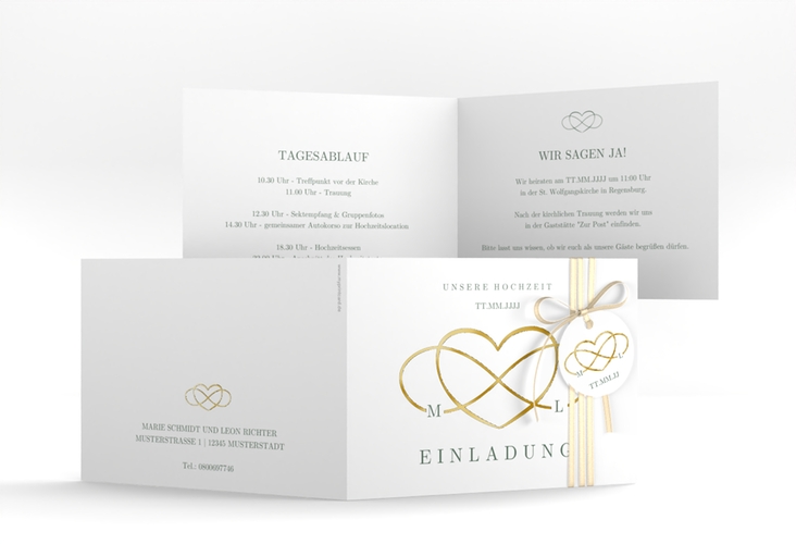 Hochzeitseinladung Infinity A6 Klappkarte quer gruen gold