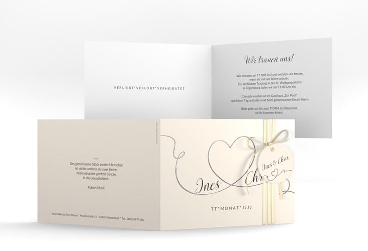 Hochzeitseinladung Dolce A6 Klappkarte quer beige silber