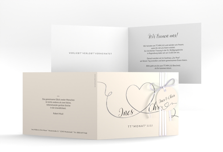 Hochzeitseinladung Dolce A6 Klappkarte quer beige silber