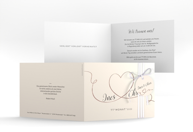 Hochzeitseinladung Dolce A6 Klappkarte quer beige rosegold