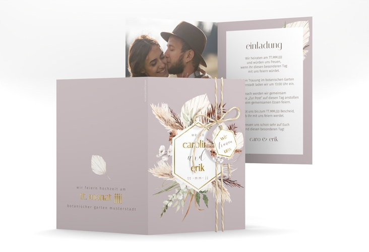 Einladungskarte Hochzeit Bohemian A6 Klappkarte hoch flieder gold mit Gräsern und Trockenblumen für Boho-Hochzeit
