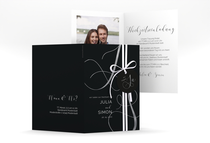 Hochzeitseinladung Eheschließung A6 Klappkarte hoch schwarz silber mit Gräsern und Trockenblumen für Boho-Hochzeit