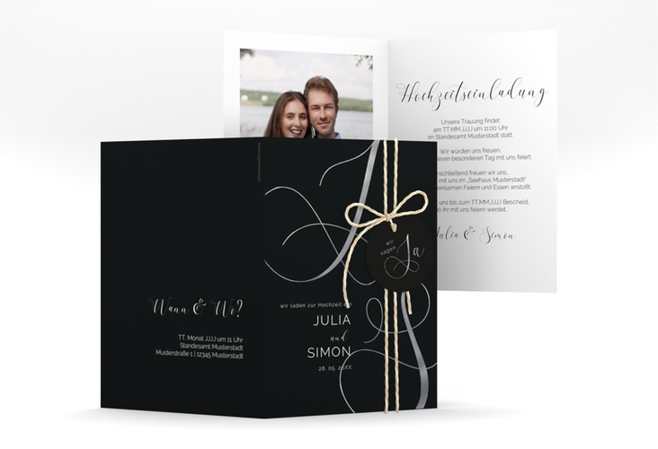 Hochzeitseinladung Eheschließung A6 Klappkarte hoch schwarz silber mit Gräsern und Trockenblumen für Boho-Hochzeit