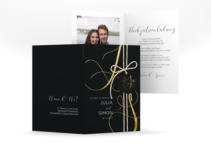 Hochzeitseinladung Eheschließung A6 Klappkarte hoch schwarz gold mit Gräsern und Trockenblumen für Boho-Hochzeit