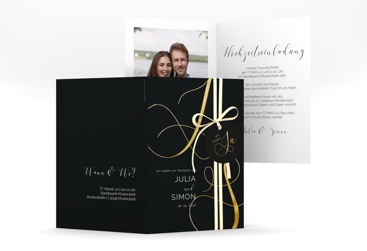 Hochzeitseinladung Eheschließung A6 Klappkarte hoch schwarz gold mit Gräsern und Trockenblumen für Boho-Hochzeit