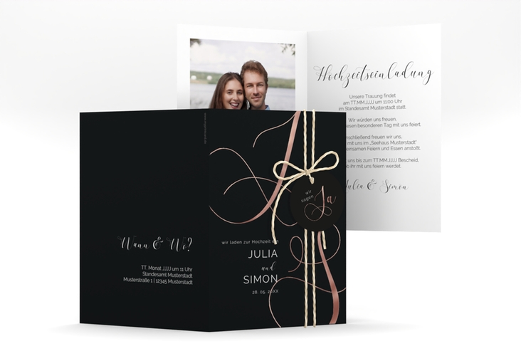 Hochzeitseinladung Eheschließung A6 Klappkarte hoch schwarz rosegold mit Gräsern und Trockenblumen für Boho-Hochzeit