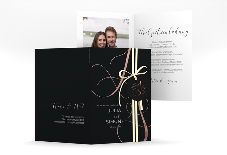 Hochzeitseinladung Eheschließung A6 Klappkarte hoch schwarz rosegold mit Gräsern und Trockenblumen für Boho-Hochzeit