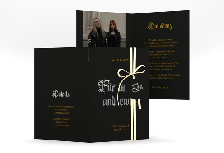 Einladungskarte Hochzeit Wednesday A6 Klappkarte hoch schwarz silber