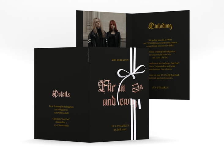 Einladungskarte Hochzeit Wednesday A6 Klappkarte hoch schwarz rosegold