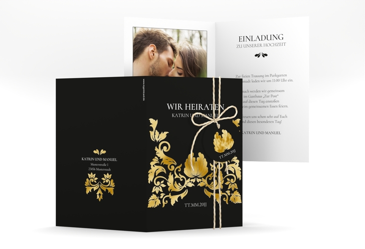 Einladungskarte Hochzeit Royal A6 Klappkarte hoch schwarz gold mit barockem Blumen-Ornament