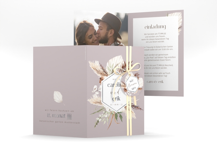 Einladungskarte Hochzeit Bohemian A6 Klappkarte hoch flieder silber mit Gräsern und Trockenblumen für Boho-Hochzeit