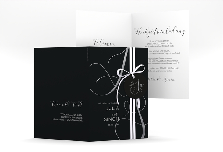 Hochzeitseinladung Eheschließung A6 Klappkarte hoch schwarz silber mit Gräsern und Trockenblumen für Boho-Hochzeit