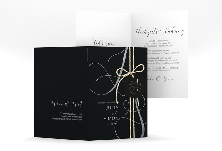 Hochzeitseinladung Eheschließung A6 Klappkarte hoch schwarz silber mit Gräsern und Trockenblumen für Boho-Hochzeit