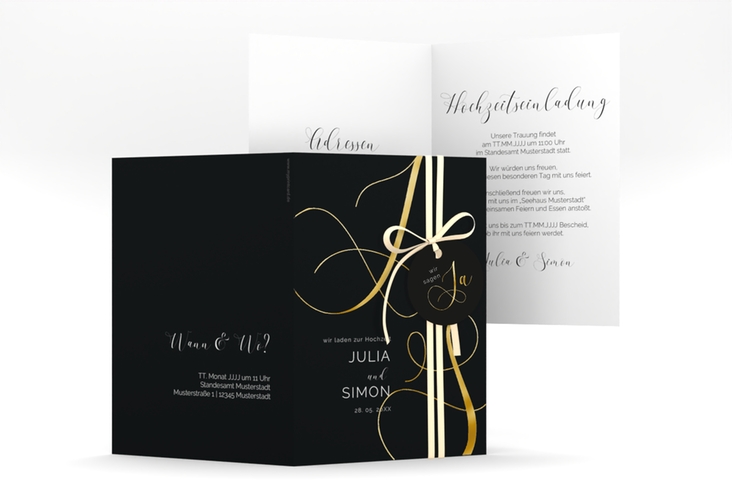 Hochzeitseinladung Eheschließung A6 Klappkarte hoch schwarz gold mit Gräsern und Trockenblumen für Boho-Hochzeit