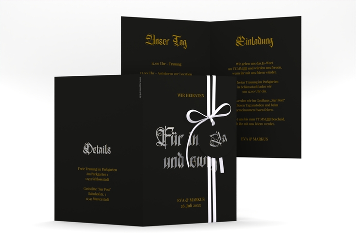 Einladungskarte Hochzeit Gothic A6 Klappkarte hoch schwarz silber