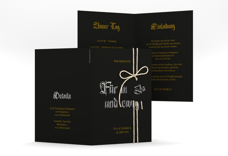 Einladungskarte Hochzeit Gothic A6 Klappkarte hoch schwarz silber