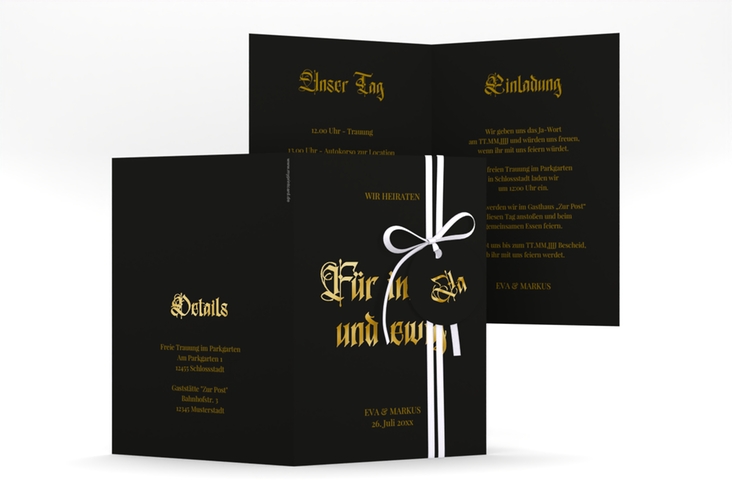 Einladungskarte Hochzeit Gothic A6 Klappkarte hoch schwarz gold