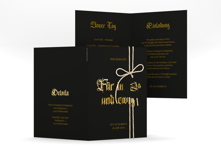 Einladungskarte Hochzeit Gothic A6 Klappkarte hoch schwarz gold
