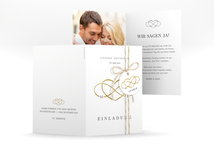 Einladungskarte Hochzeit Infinity A6 Klappkarte hoch schwarz gold