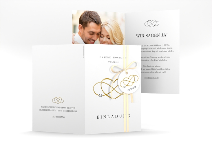 Einladungskarte Hochzeit Infinity A6 Klappkarte hoch schwarz gold