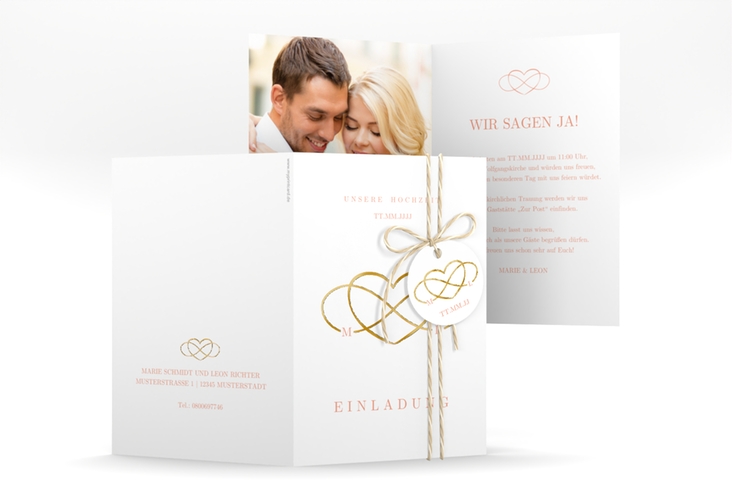 Einladungskarte Hochzeit Infinity A6 Klappkarte hoch apricot gold