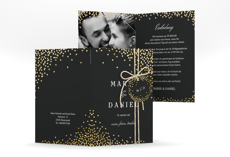 Einladungskarte Hochzeit Glitter A6 Klappkarte hoch schwarz gold