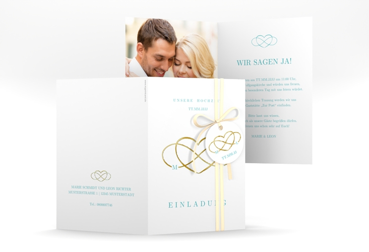 Einladungskarte Hochzeit Infinity A6 Klappkarte hoch tuerkis gold