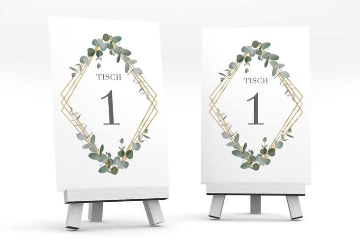 Tischnummer Hochzeit Eukalyptus Tischaufsteller weiss gold