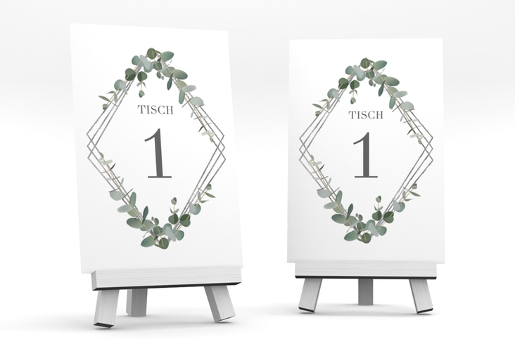 Tischnummer Hochzeit Eukalyptus Tischaufsteller weiss silber