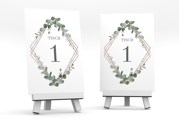 Tischnummer Hochzeit Eukalyptus Tischaufsteller weiss rosegold