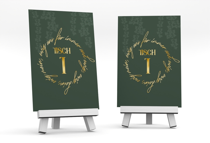 Tischnummer Hochzeit Efeugrün Tischaufsteller gruen gold im Fantasy-Elfen-Design mit Efeu