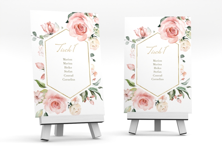 Tischaufsteller Hochzeit Graceful Tischaufsteller weiss gold mit Rosenblüten in Rosa und Weiß