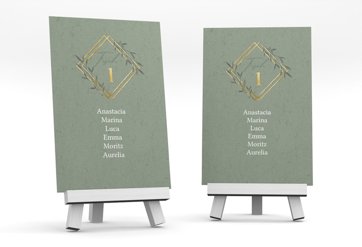 Tischaufsteller Hochzeit Greenletter Tischaufsteller gruen gold mit Initialen in elegantem Goldrahmen mit Blättern