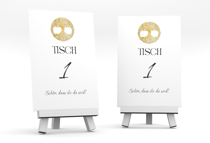 Tischnummer Hochzeit Lebensbaum Tischaufsteller weiss gold im Stil der Kelten und Wikinger