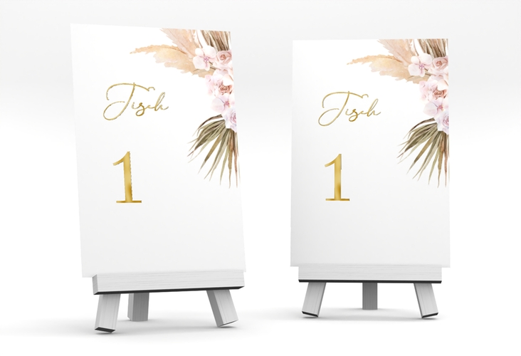 Tischnummer Hochzeit Nude Tischaufsteller weiss gold