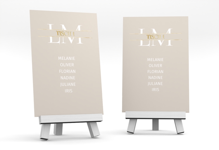 Tischaufsteller Hochzeit Monogramm Tischaufsteller beige gold in klassischem Design mit Initialen des Brautpaars