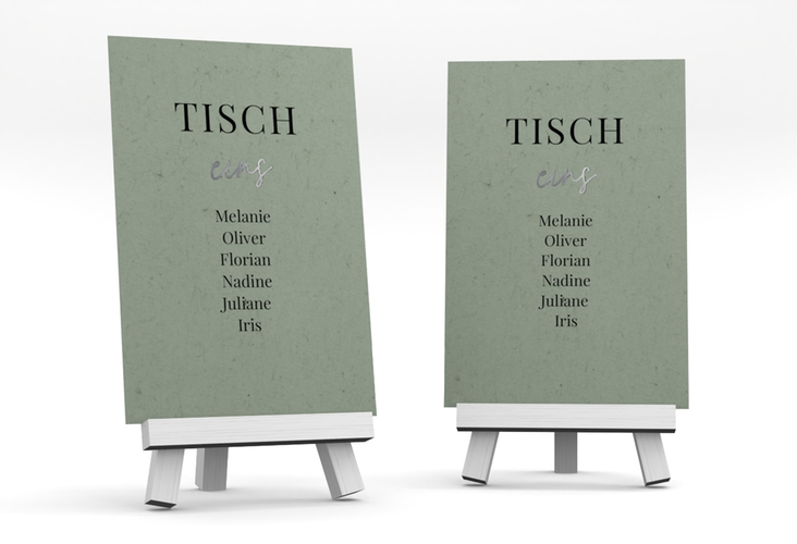 Tischaufsteller Hochzeit Easy Tischaufsteller gruen silber im modernen minimalistischen Design