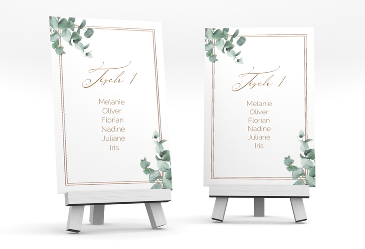 Tischaufsteller Hochzeit Eucalypt Tischaufsteller weiss rosegold mit Eukalyptus und edlem Rahmen