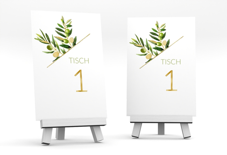 Tischnummer Hochzeit Olivenzweig Tischaufsteller weiss gold
