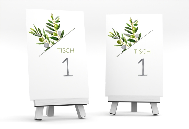 Tischnummer Hochzeit Olivenzweig Tischaufsteller weiss silber