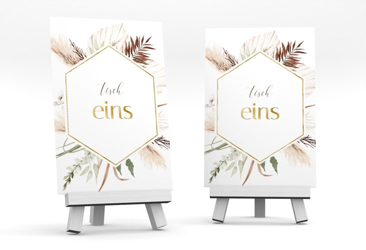 Tischnummer Hochzeit Bohemian Tischaufsteller weiss gold
