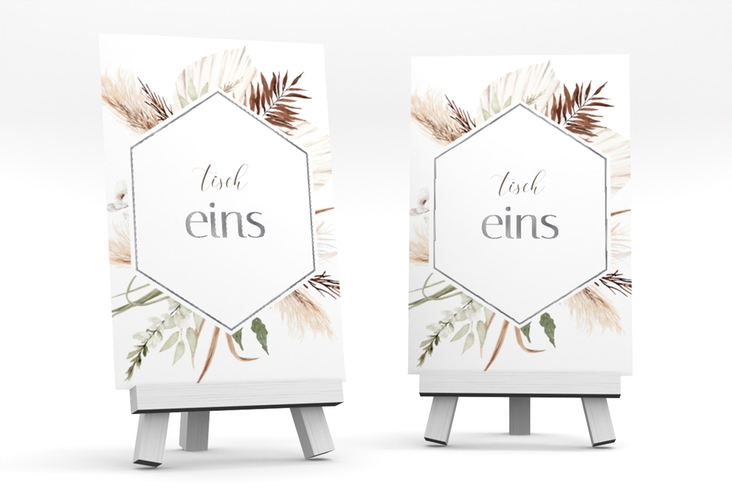 Tischnummer Hochzeit Bohemian Tischaufsteller weiss silber