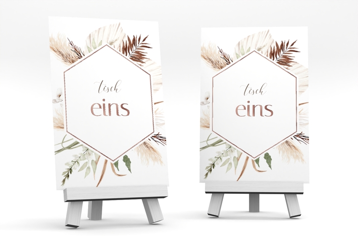 Tischnummer Hochzeit Bohemian Tischaufsteller weiss rosegold