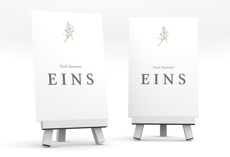 Tischnummer Hochzeit Ivy Tischaufsteller weiss gold minimalistisch mit kleiner botanischer Illustration