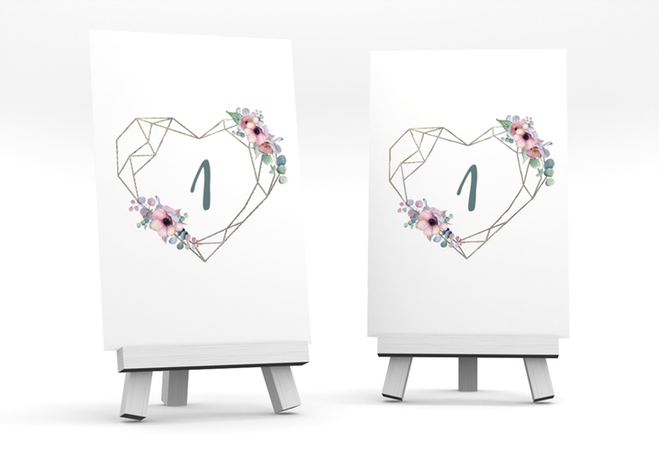 Tischnummer Hochzeit Herzgold Tischaufsteller weiss silber