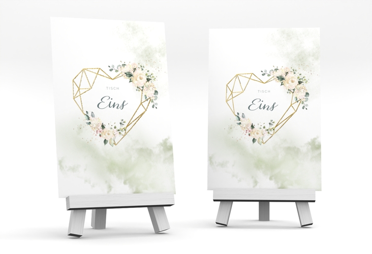 Tischnummer Hochzeit Adore Tischaufsteller gruen gold