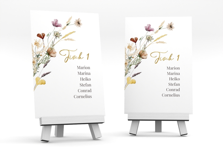 Tischaufsteller Hochzeit Sauvages Tischaufsteller weiss gold mit getrockneten Wiesenblumen