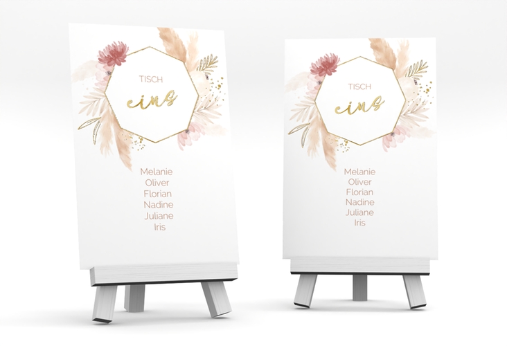 Tischaufsteller Hochzeit Bohostyle Tischaufsteller beige gold mit Pampasgras in Aquarell