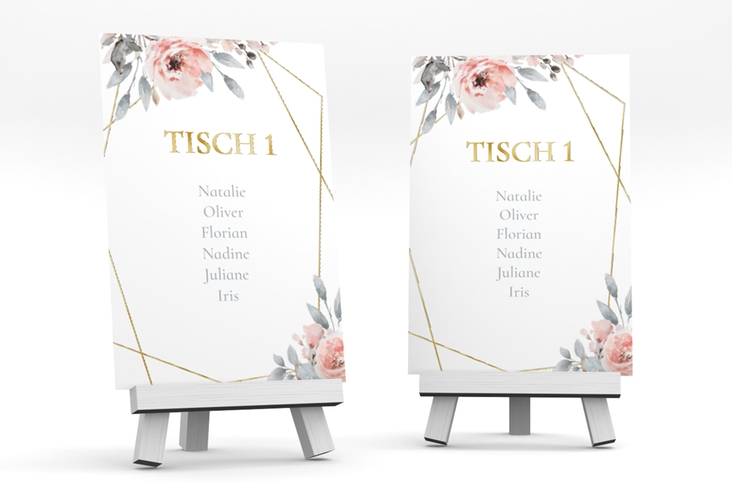 Tischaufsteller Hochzeit Perfection Tischaufsteller weiss gold mit rosa Rosen